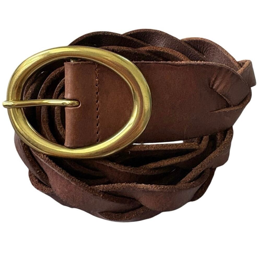 Genuine Leather Braided Belt Brown Gold Oval Buckle Boho Western M Adjustable